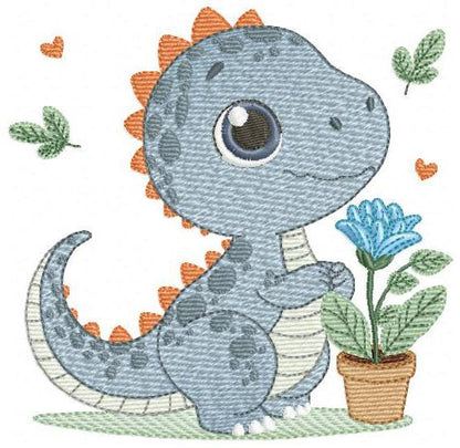 Dinosaur embroidery designs - Dino with flower machine embroidery pattern - Baby Boy Tyrannosaurus file T rex - Instant download pes jef dst