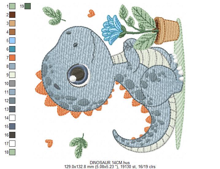 Dinosaur embroidery designs - Dino with flower machine embroidery pattern - Baby Boy Tyrannosaurus file T rex - Instant download pes jef dst