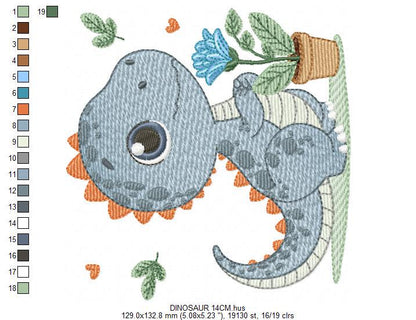 Dinosaur embroidery designs - Dino with flower machine embroidery pattern - Baby Boy Tyrannosaurus file T rex - Instant download pes jef dst