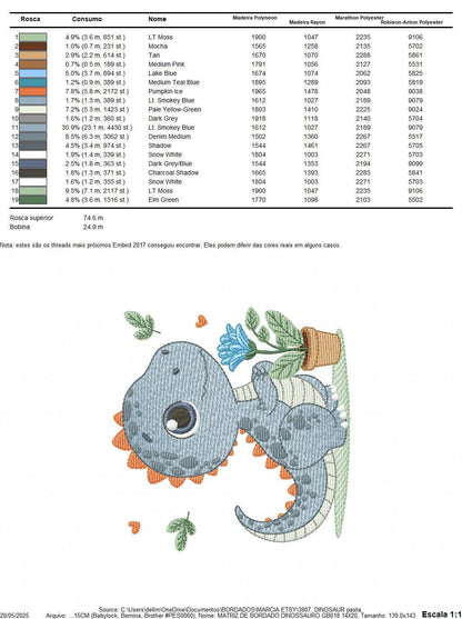 Dinosaur embroidery designs - Dino with flower machine embroidery pattern - Baby Boy Tyrannosaurus file T rex - Instant download pes jef dst