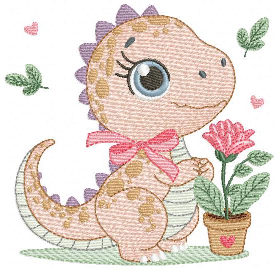 Dinosaur embroidery designs - Dino with flower machine embroidery pattern - Baby Girl Tyrannosaurus file T rex - Instant download pes jef