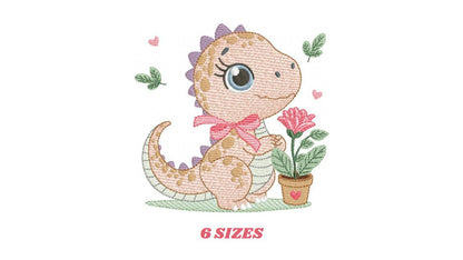 Dinosaur embroidery designs - Dino with flower machine embroidery pattern - Baby Girl Tyrannosaurus file T rex - Instant download pes jef