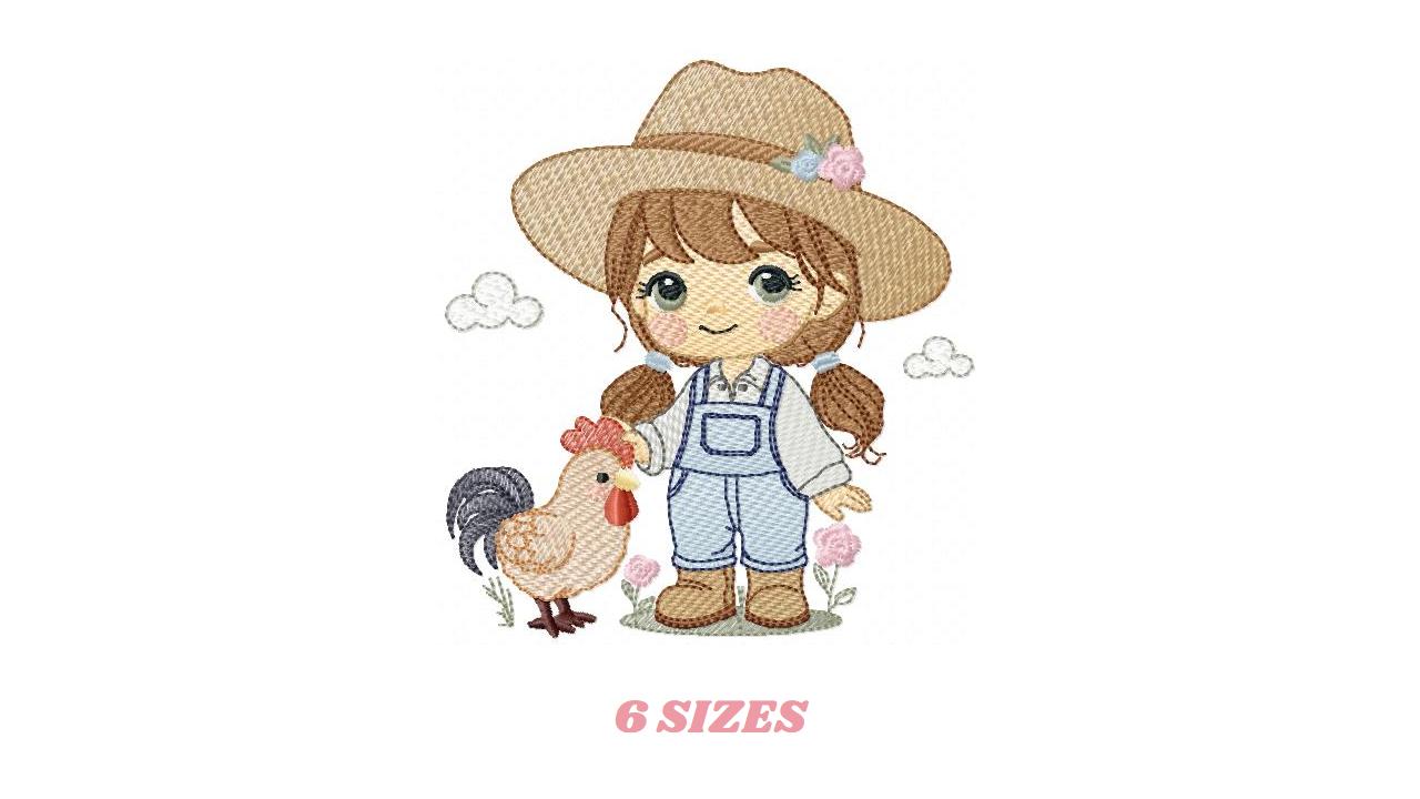 Girl Farmer embroidery designs - Farmer with hat and rooster machine embroidery pattern - Cowgirl with long hair file - Instant download pes