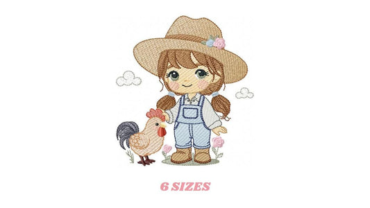 Girl Farmer embroidery designs - Farmer with hat and rooster machine embroidery pattern - Cowgirl with long hair file - Instant download pes