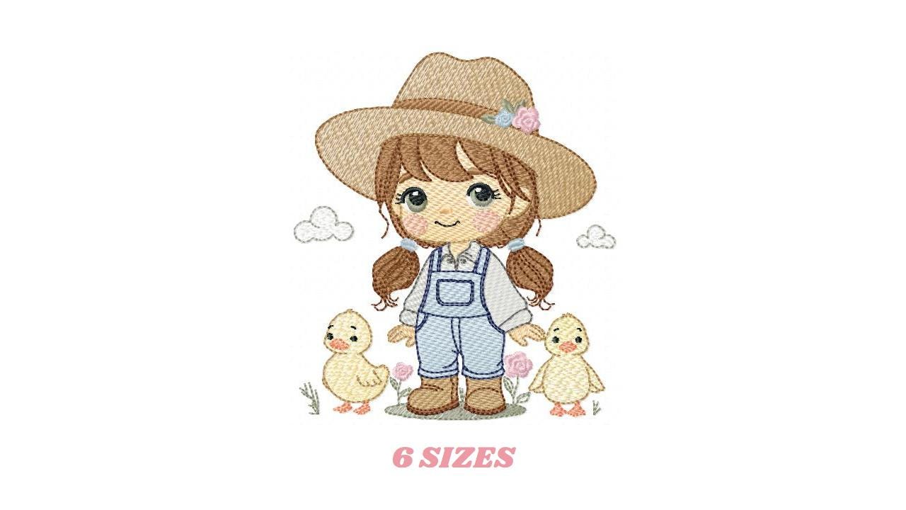 Girl Farmer embroidery designs - Farmer with hat and ducks machine embroidery pattern - Cowgirl ranch worker file - Instant digital download