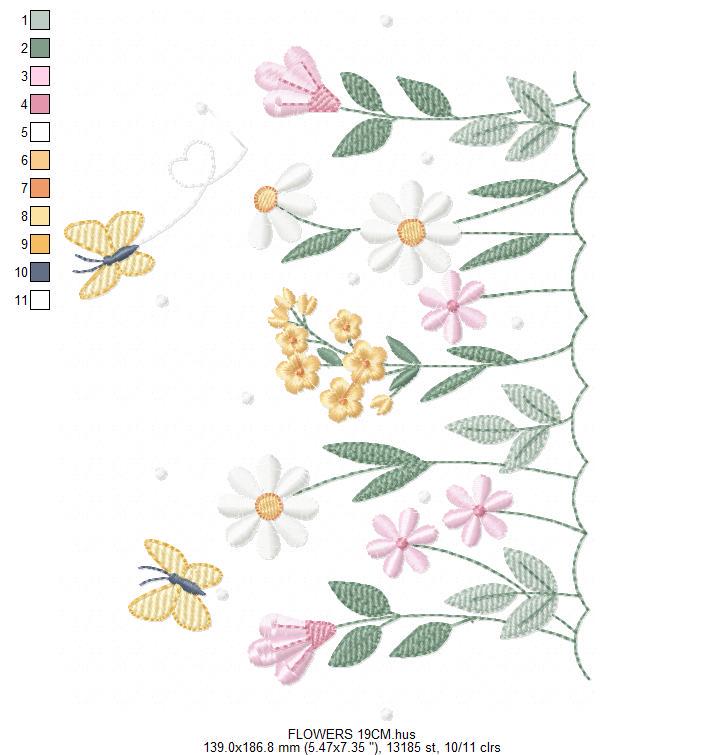 Flower garden embroidery design - Tulip flowers with butterflies machine embroidery pattern - Kitchen Tea towel divider - Instant download