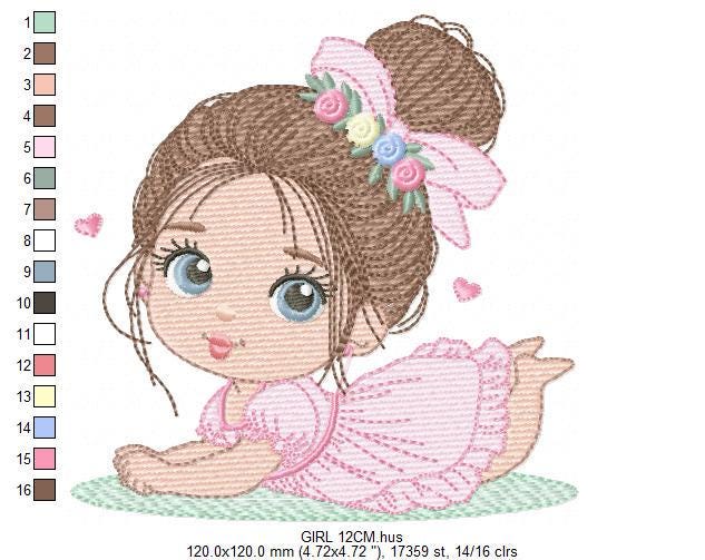 Baby girl with flowers embroidery designs - Princess with long hair and lace machine embroidery pattern - Instant digital download pes dst