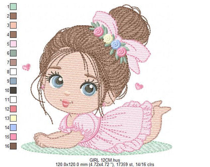 Baby girl with flowers embroidery designs - Princess with long hair and lace machine embroidery pattern - Instant digital download pes dst