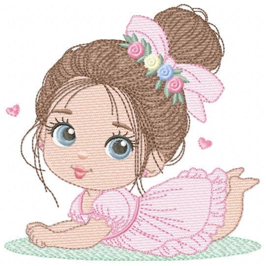 Baby girl with flowers embroidery designs - Princess with long hair and lace machine embroidery pattern - Instant digital download pes dst