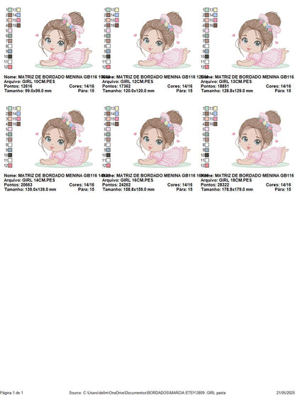 Baby girl with flowers embroidery designs - Princess with long hair and lace machine embroidery pattern - Instant digital download pes dst