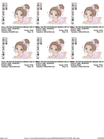 Baby girl with flowers embroidery designs - Princess with long hair and lace machine embroidery pattern - Instant digital download pes dst