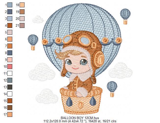 Hot air Balloon embroidery designs - Baby Boy in a Balloon with clouds machine embroidery pattern - Instant digital download pes jef dst vp3