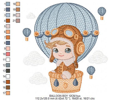 Hot air Balloon embroidery designs - Baby Boy in a Balloon with clouds machine embroidery pattern - Instant digital download pes jef dst vp3