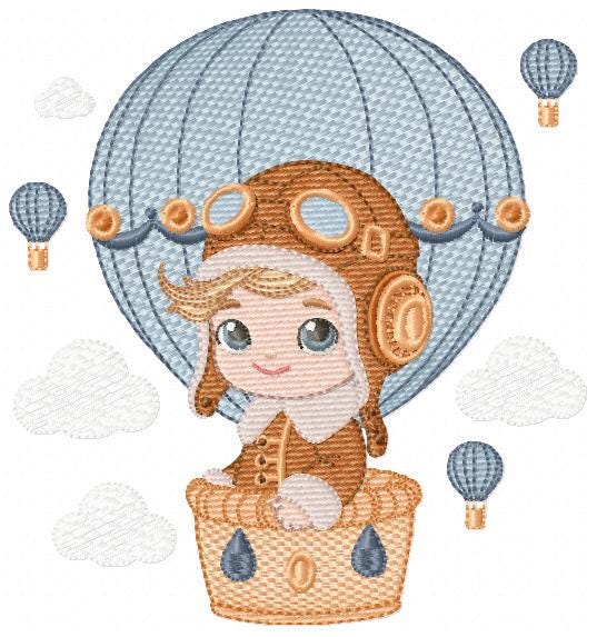 Hot air Balloon embroidery designs - Baby Boy in a Balloon with clouds machine embroidery pattern - Instant digital download pes jef dst vp3