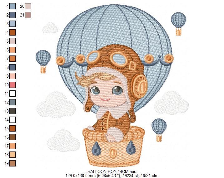 Hot air Balloon embroidery designs - Baby Boy in a Balloon with clouds machine embroidery pattern - Instant digital download pes jef dst vp3
