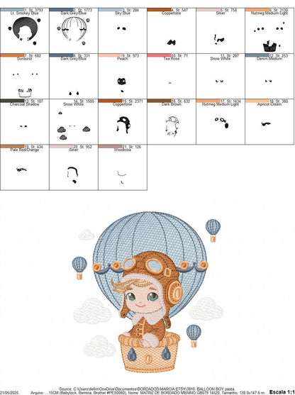 Hot air Balloon embroidery designs - Baby Boy in a Balloon with clouds machine embroidery pattern - Instant digital download pes jef dst vp3