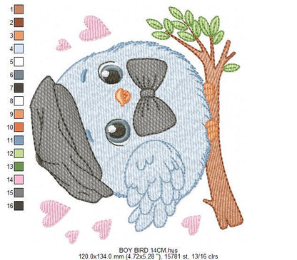 Bird embroidery designs - Baby boy bird with bow tie machine embroidery pattern - Spring Garden Nature - Instant download jef pes dst vp3