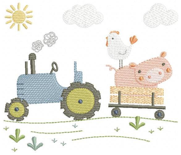 Farm Tractor with pig and chicken embroidery designs - Truck with sun and clouds machine embroidery pattern - Baby boy - Instant download