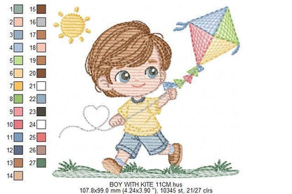 Boy playing with Kite embroidery designs - Baby Boy machine embroidery pattern - Kid Toy file - Sky with sun and grass - Instant download