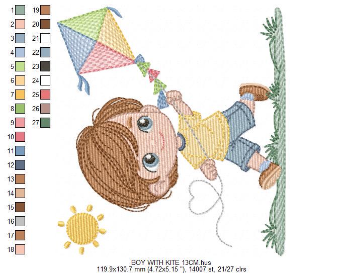 Boy playing with Kite embroidery designs - Baby Boy machine embroidery pattern - Kid Toy file - Sky with sun and grass - Instant download