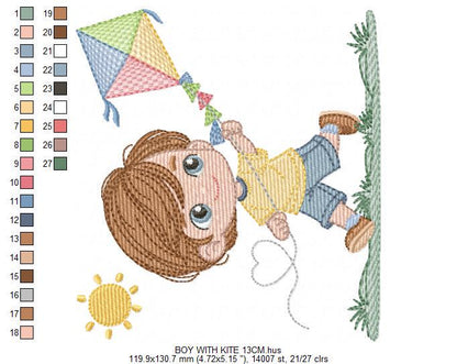 Boy playing with Kite embroidery designs - Baby Boy machine embroidery pattern - Kid Toy file - Sky with sun and grass - Instant download