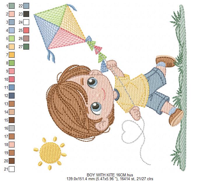 Boy playing with Kite embroidery designs - Baby Boy machine embroidery pattern - Kid Toy file - Sky with sun and grass - Instant download