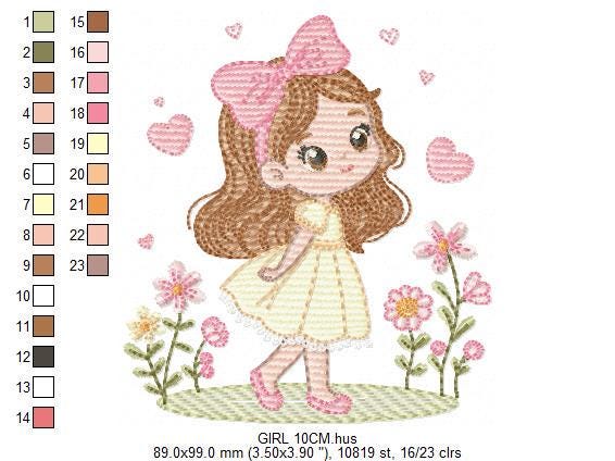 Young Girl with dress embroidery designs - Baby girl long hair and bow machine embroidery pattern - Garden Flower Heart - Instant download
