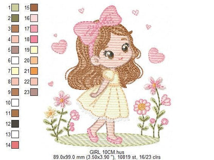 Young Girl with dress embroidery designs - Baby girl long hair and bow machine embroidery pattern - Garden Flower Heart - Instant download