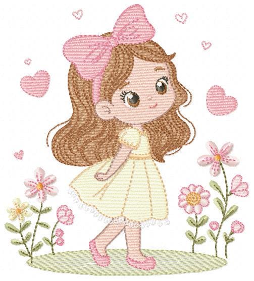 Young Girl with dress embroidery designs - Baby girl long hair and bow machine embroidery pattern - Garden Flower Heart - Instant download