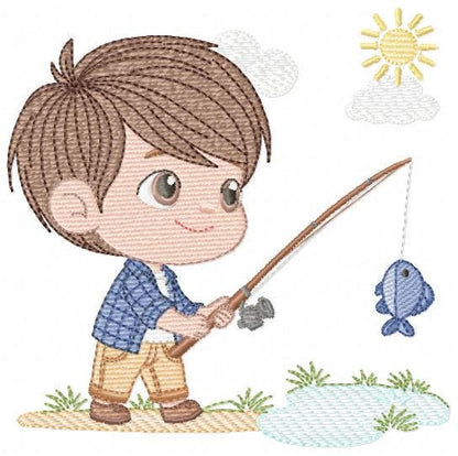 Baby boy fishing embroidery design - Fisherman boy machine embroidery pattern - Children toddler playing sun grass file - Instant download