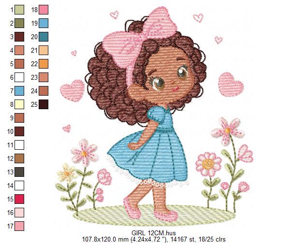 Baby Girl with Black Curly Long Hair embroidery designs - Girl with lace and flowers machine embroidery pattern - Instant download pes jef