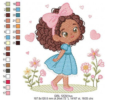 Baby Girl with Black Curly Long Hair embroidery designs - Girl with lace and flowers machine embroidery pattern - Instant download pes jef