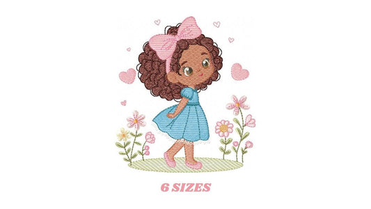 Baby Girl with Black Curly Long Hair embroidery designs - Girl with lace and flowers machine embroidery pattern - Instant download pes jef