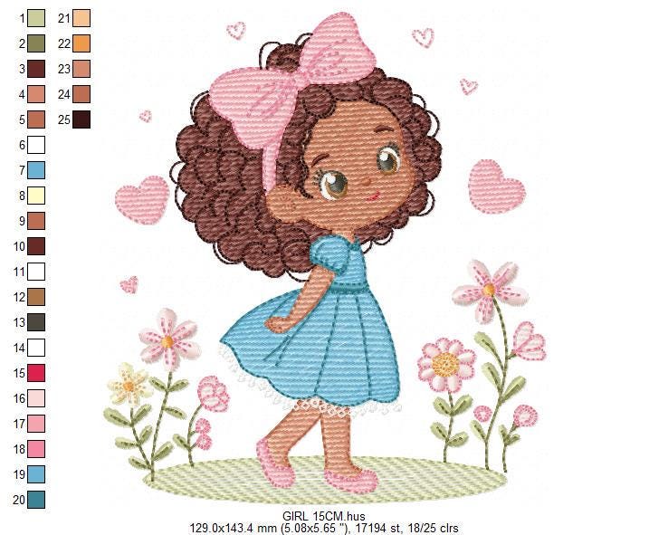 Baby Girl with Black Curly Long Hair embroidery designs - Girl with lace and flowers machine embroidery pattern - Instant download pes jef