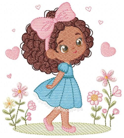 Baby Girl with Black Curly Long Hair embroidery designs - Girl with lace and flowers machine embroidery pattern - Instant download pes jef