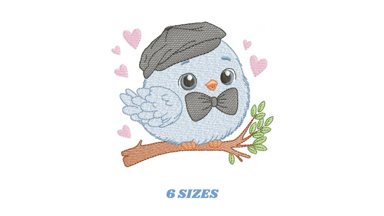 Bird embroidery designs - Baby boy bird with bow tie machine embroidery pattern - Spring Garden Nature - Instant download jef pes dst vp3