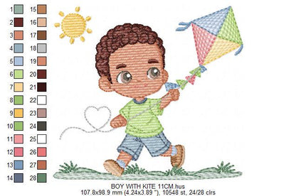 Boy playing with Kite embroidery designs - Baby Boy with black curly hair machine embroidery pattern - Kid Toy Sun Grass - Instant download