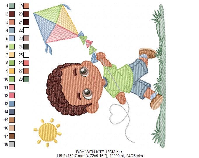 Boy playing with Kite embroidery designs - Baby Boy with black curly hair machine embroidery pattern - Kid Toy Sun Grass - Instant download