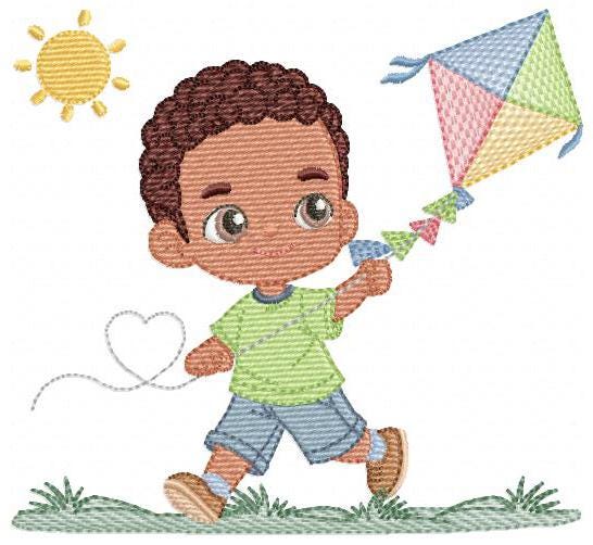 Boy playing with Kite embroidery designs - Baby Boy with black curly hair machine embroidery pattern - Kid Toy Sun Grass - Instant download
