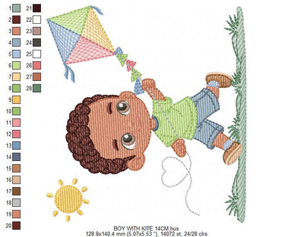 Boy playing with Kite embroidery designs - Baby Boy with black curly hair machine embroidery pattern - Kid Toy Sun Grass - Instant download