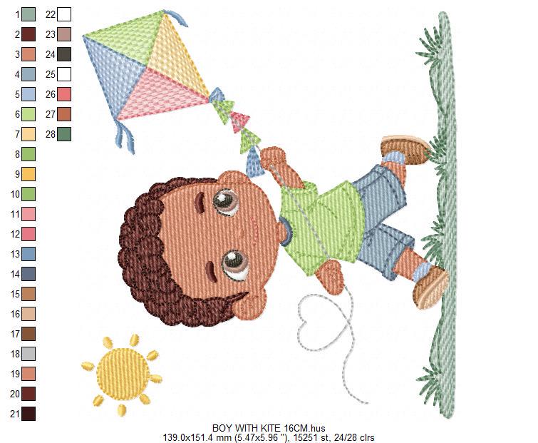 Boy playing with Kite embroidery designs - Baby Boy with black curly hair machine embroidery pattern - Kid Toy Sun Grass - Instant download