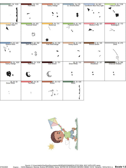 Boy playing with Kite embroidery designs - Baby Boy with black curly hair machine embroidery pattern - Kid Toy Sun Grass - Instant download