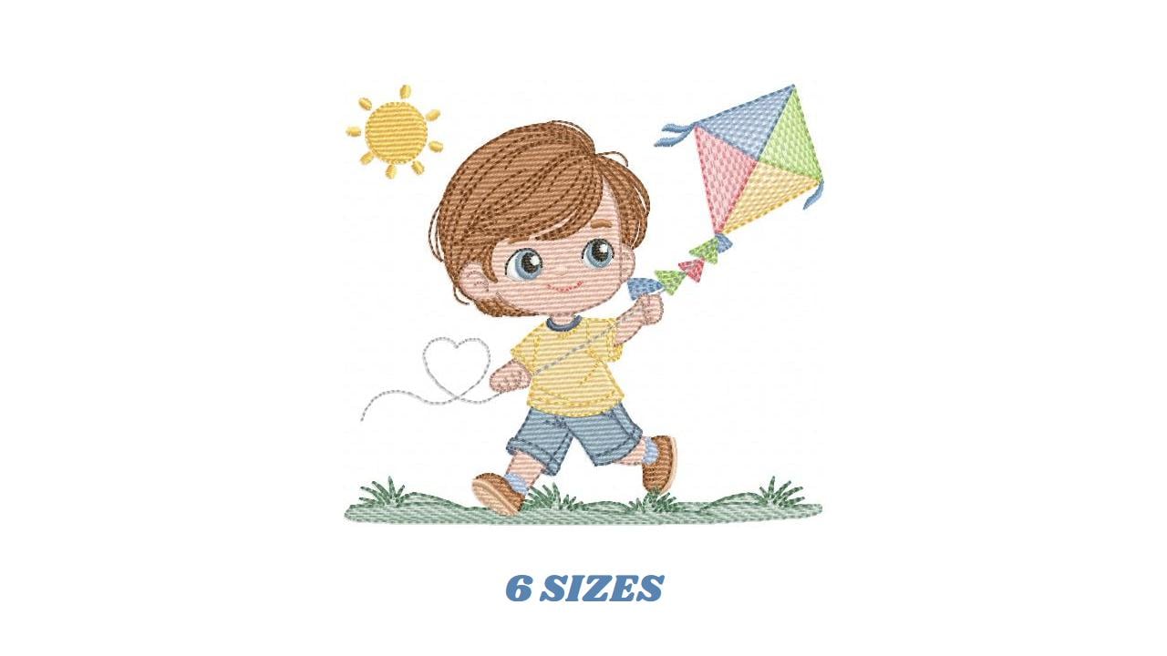 Boy playing with Kite embroidery designs - Baby Boy machine embroidery pattern - Kid Toy file - Sky with sun and grass - Instant download