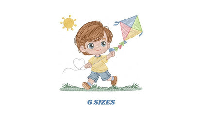 Boy playing with Kite embroidery designs - Baby Boy machine embroidery pattern - Kid Toy file - Sky with sun and grass - Instant download