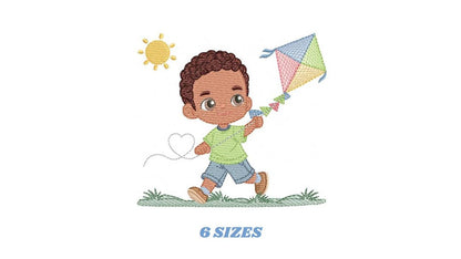 Boy playing with Kite embroidery designs - Baby Boy with black curly hair machine embroidery pattern - Kid Toy Sun Grass - Instant download