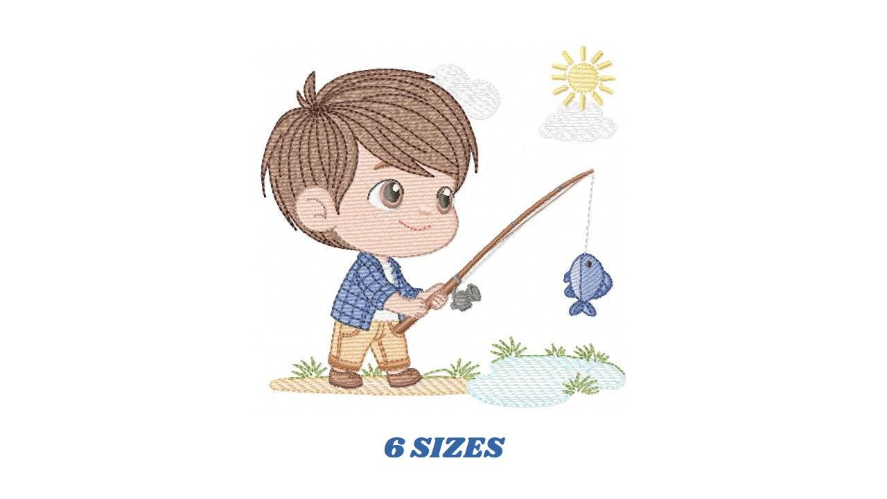 Baby boy fishing embroidery design - Fisherman boy machine embroidery pattern - Children toddler playing sun grass file - Instant download