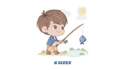 Baby boy fishing embroidery design - Fisherman boy machine embroidery pattern - Children toddler playing sun grass file - Instant download