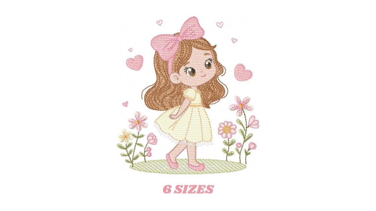 Young Girl with dress embroidery designs - Baby girl long hair and bow machine embroidery pattern - Garden Flower Heart - Instant download