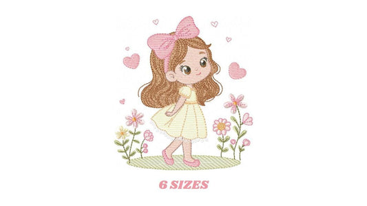 Young Girl with dress embroidery designs - Baby girl long hair and bow machine embroidery pattern - Garden Flower Heart - Instant download