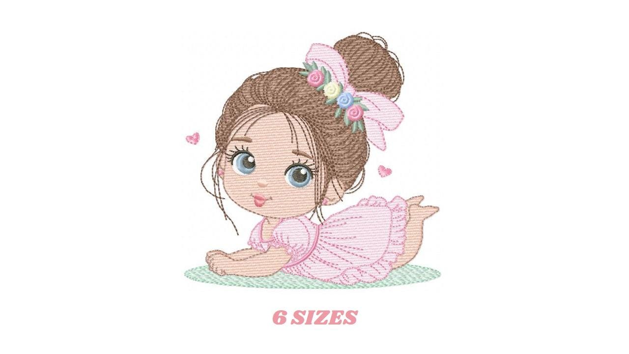 Baby girl with flowers embroidery designs - Princess with long hair and lace machine embroidery pattern - Instant digital download pes dst